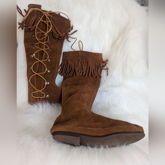 Vintage 70s Brown Suede Leather Lace Up Fringe Boots Size 6 - Picture 8 of 13